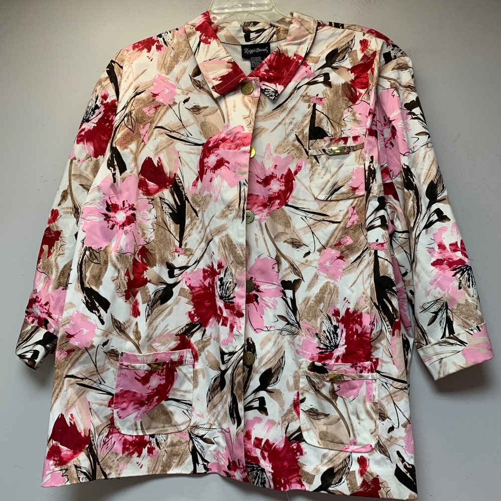 Maggie Barnes Floral Jacket Womens 4X Pink Red Cotton Button Front Excellent